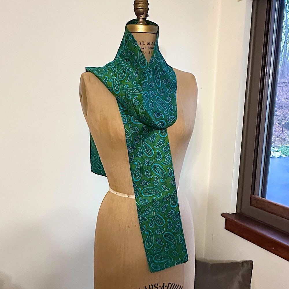 Vintage Green and Turquoise Paisley Raw Silk Unisex Evening Scarf 72” x 5”